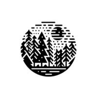 Minimalist Black and White Circular Illustration of a Forest Scene Featuring Trees, Sun, and Abstract Composition. vector