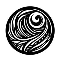 A black and white stylized tribal swirl in a circular frame, reminiscent of Polynesian or Maori art. vector