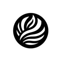 A minimalist black and white emblem, featuring stylized organic shapes resembling leaves or flames within a circular frame. vector