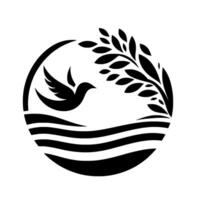 Serene Circle A stylized black and white illustration of a flying dove, leaves, and water waves inside a circular frame, suggesting peace and freedom. vector