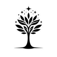 Elegant Black White Tree with Sparkling Stars, Representing Growth, Harmony, and Enlightenment on a Clean White Backdrop. vector