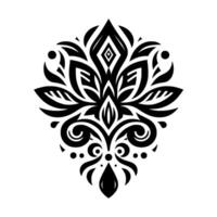 Intricate symmetrical black and white floral pattern reminiscent of a lotus or mandala, with sharp edges and decorative elements. vector
