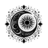 A stylized celestial illustration showcasing the sun within a crescent moon, framed by stars and geometric shapes, rendered in black on white. vector