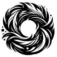 A stylized, monochrome circular illustration featuring swirling, organic forms, sharp edges, and a stippled texture that resembles swirling water, with small dots. vector