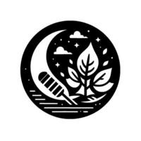 A stylized monochrome circular emblem of a crescent moon with stars, clouds, a plant and a feather. vector