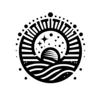 A stylized, circular black and white illustration featuring a sun, stars, and water waves, enclosed by a patterned border of small circles and rectangular shapes. vector