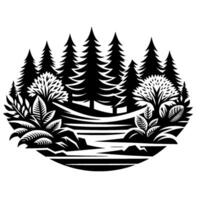 A striking black and white illustration of a forest scene, featuring detailed evergreen trees, leafy shrubs, and a flowing river, all contained within a semicircular border. vector