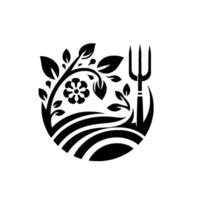 A stylized, minimalist black and white illustration featuring a flower, leaves, wheat field lines, and a pitchfork within a circle, evoking agriculture. vector