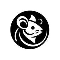 A stylized black and white featuring a smiling mouse within a black circle, conveying a playful and minimalist aesthetic. vector