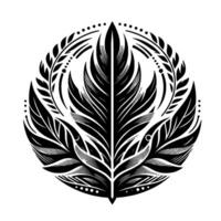 Intricate Black and White Botanical Illustration with a Central FeatherLike Motif Surrounded by Laurel Wreath Elements and Dotted Borders. vector
