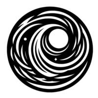 A stylized black and white circular vortex, reminiscent of a celestial body, with swirling lines, white void center, and starlike accents. vector
