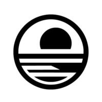 Minimalist black and white featuring a stylized sun setting over ocean waves, enclosed within a circular frame. vector