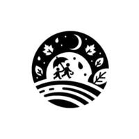 Black and white circular illustration of two figures walking under an umbrella in the rain at night, with leaves and a crescent moon. vector