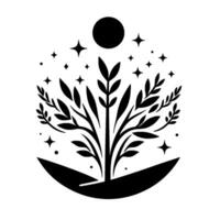 A monochrome minimalist illustration depicting a stylized tree with leaves, moon, stars and a crescent shape base, embodying serenity. vector