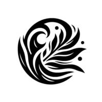 Intricate Black and White Circular Composed of Wavelike Lines, Leafy Forms, and Dots, Illustrating Harmony and Flow. vector