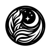 negro y blanco circular creciente Luna y estrellas rodeado por estilizado pluma formas y un decorativo borde, simbolizando noche. vector