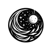 Symbolic Black and White Circular Celestial Composition Featuring Sun, Moon, Stars, and Swirling Elements, Harmony. vector