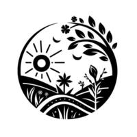 negro y blanco circular ilustración de un tranquilo paisaje con un radiante sol, flora, árbol con hojas y flores, y laminación sierras. vector