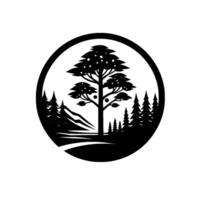 A stylized black and white depicting a mountain landscape within a circular frame, featuring a central tree, surrounding pine trees, a path, and a mountain silhouette. vector