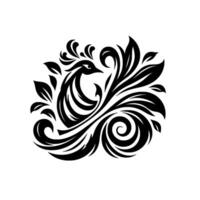 Black and White Stylized Phoenix with Floral Flourishes, Elegant Symmetry, and Elements, Isolated on White Background. vector