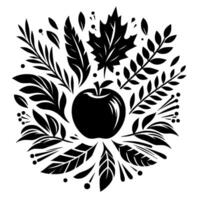 A stylized monochrome apple illustration surrounded by various leaves and foliage, forming a circular decorative pattern suitable for applications. vector