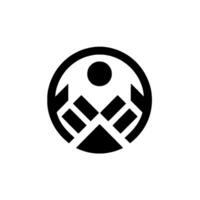 A minimalist, geometric featuring a stylized mountain range composed of angular shapes, encircled by a solid black ring and a central dot, all on a white backdrop. vector
