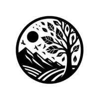 Stylized Black and White Circular Illustration Nature Scene Featuring a Tree, Mountains, Sun, Flying Birds, and Field Patterns. vector