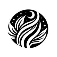 A stylized monochrome emblem features layered, abstract forms reminiscent of wings or leaves, nestled within a circular frame, accented by a crescent moon and stars. vector