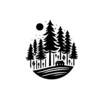 A serene, monochromatic illustration of a forest scene, with tall pine trees, a quaint cabin, a full moon, and a stylized hill, all contained within an oval frame. vector
