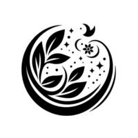 Elegant Black and White Circular Leaves, Stars, Moons, and Flower, a symbolic and artistic representation of natures harmony within a perfect circle. vector