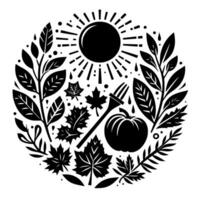 A symmetrical, black and white circular featuring stylized autumn elements a sun, leaves, a pumpkin, and a fork, representing the season. vector