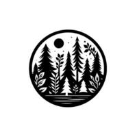 Black and White Circular Nature Scene Silhouetted Forest, Moon, and Leaves within a Simple Circle vector