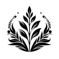 Symmetrical black and white botanical illustration with stylized leaves, dots, and flourishes, reminiscent of a minimalist emblem or crest. vector