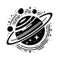 Minimalist Black and White Illustration of a Ringed Planet with Orbits, Moons, and Stars in a Celestial Composition. vector