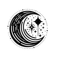 Intricate Celestial Crescent with Radiating Stars and Delicate Dot Border, A Minimalist Black and White . vector