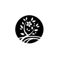 A minimalist monochrome emblem featuring a stylized cherry blossom tree, encapsulated within a textured black circle against a pristine white backdrop. vector