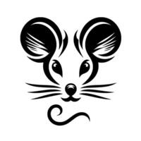 Stylized Black and White Mouse Head Elegant, symmetrical featuring curved lines, whiskers, and a swirling tail on a plain white background. vector