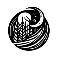 Stylized Black and White Circular Illustration Forest, Wheat, Moon and Starry Night Scene Inside a Curved Frame vector