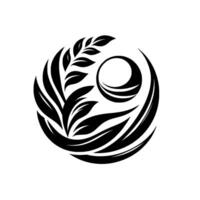 Stylized Black and White Floral and Circular Motif Elegant Leafy Branch and Crescent Moon , Symbolic on White. vector