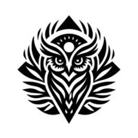 Stylized black and white owl illustration with geometric shapes, a central owl face, and radiating tribal wing pattern, set against a clean background. vector