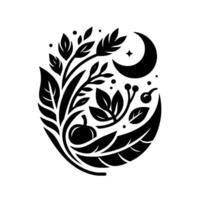 Elegant Black and White Botanical Emblem Moon, Star, and Foliage with Apple and Berries, in a Circular, Stylized . vector