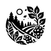 Black and white circular nature illustration of farm fields, forest, sun, leaves and fruit, depicting a harvest scene. vector