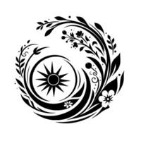 Circular black and white botanical with a starburst at the center, incorporating floral and organic shapes and elements, set against a pristine white background. vector