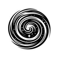 A stylized black and white illustration of a swirling galaxy, featuring spiral arms, stars, and a central vortex, set against a bright white backdrop. vector