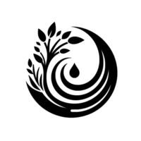 Black and White Minimalist Illustration A tree branch with leaves, water droplet within a stylized swirl, representing nature, growth, and renewal. vector