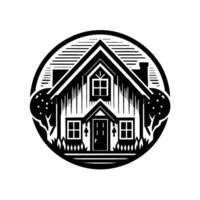 A stylized black and white illustration of a cozy house nestled within a circular frame, surrounded by trees and grass. vector