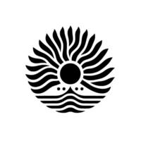A symmetrical, stylized emblem, featuring a black sun with emanating rays above wavy lines suggesting water, a minimalist and symbolic representation. vector