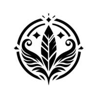 Black and White Symbolic Crest Featuring a Central Feather, Wings, Ornate Circle, and Decorative Elements on White. vector