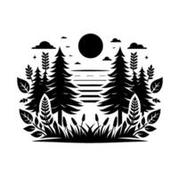 Silhouette of a serene forest scene with stylized pine trees, grass, and a setting sun reflected on the water, all against a white background. vector