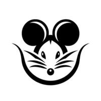 A minimalist black and white illustration of a cheerful mouse face, featuring large round ears, oval eyes, whisker accents, and a curved smiling mouth shape, all on a plain white background. vector